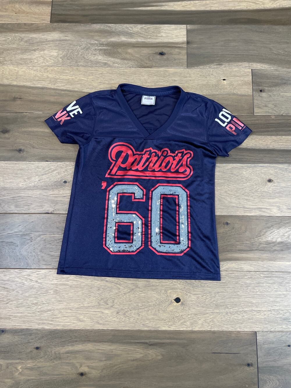 Victoria’s Secret PINK Patriots Jersey Size S Navy Sequin Logo Short Sleeve